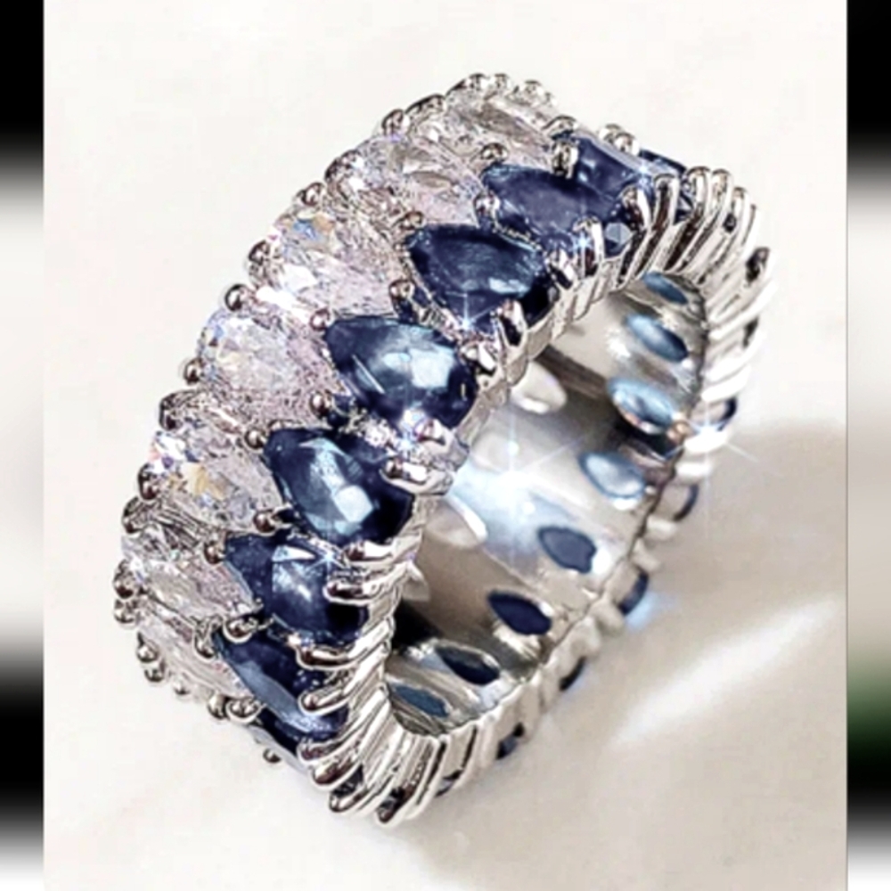 #17 Silver Luxury Cubic Zirconia Double Teardrop Ring Blue & Clear, Copper